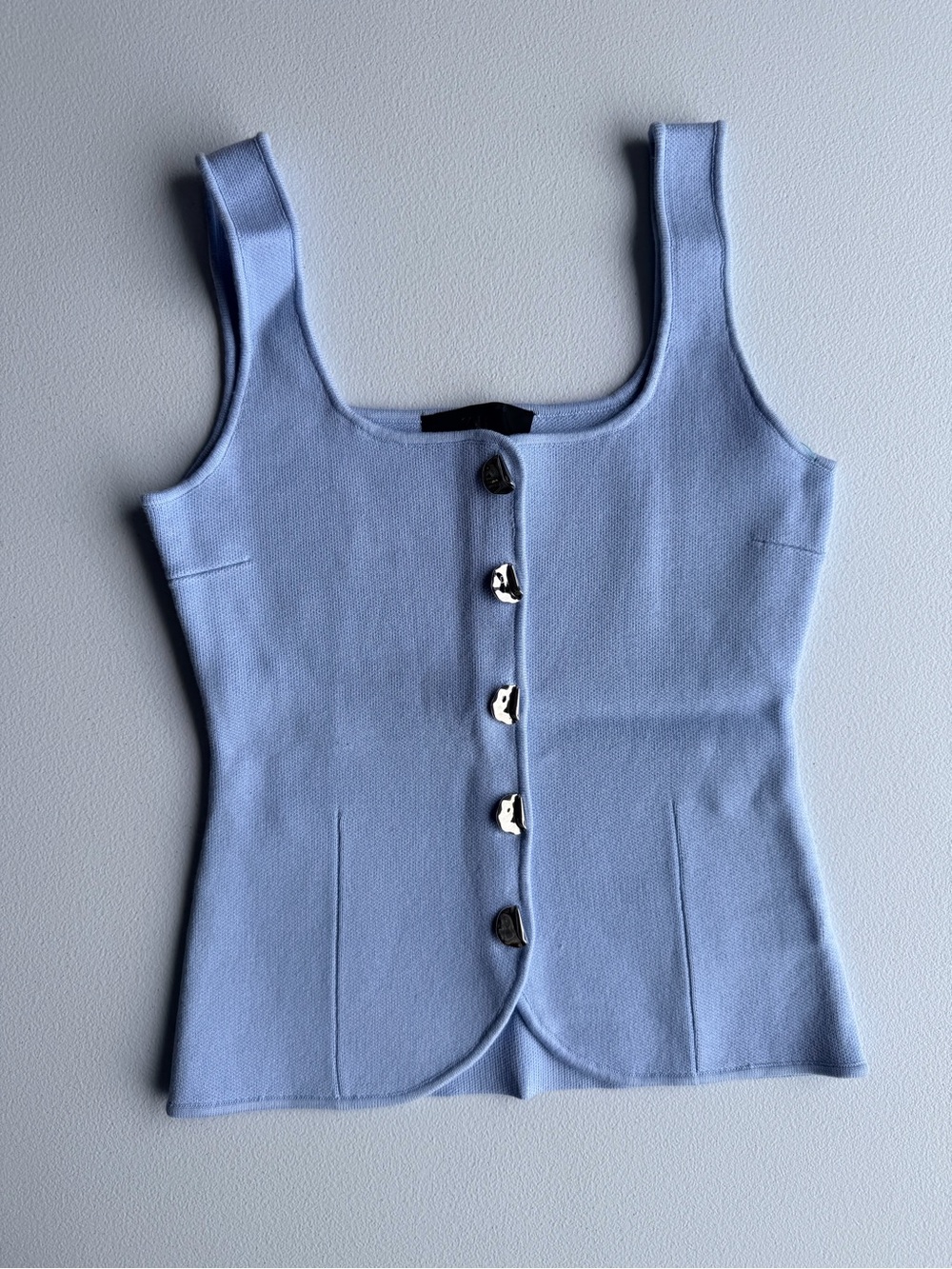 Zara Powder Blue Square Neck Knit Tank with Decorative Buttons